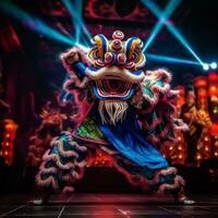 dragon ou Lion Danse spectacle barongsai dans fête chinois lunaire Nouveau année festival. asiatique traditionnel concept par ai généré photo