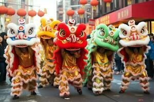 dragon ou Lion Danse spectacle barongsai dans fête chinois lunaire Nouveau année festival. asiatique traditionnel concept par ai généré photo