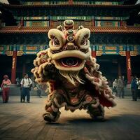 dragon ou Lion Danse spectacle barongsai dans fête chinois lunaire Nouveau année festival. asiatique traditionnel concept par ai généré photo
