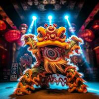 dragon ou Lion Danse spectacle barongsai dans fête chinois lunaire Nouveau année festival. asiatique traditionnel concept par ai généré photo