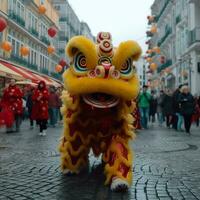 dragon ou Lion Danse spectacle barongsai dans fête chinois lunaire Nouveau année festival. asiatique traditionnel concept par ai généré photo