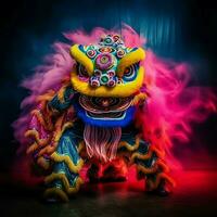 dragon ou Lion Danse spectacle barongsai dans fête chinois lunaire Nouveau année festival. asiatique traditionnel concept par ai généré photo