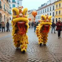 dragon ou Lion Danse spectacle barongsai dans fête chinois lunaire Nouveau année festival. asiatique traditionnel concept par ai généré photo