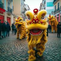 dragon ou Lion Danse spectacle barongsai dans fête chinois lunaire Nouveau année festival. asiatique traditionnel concept par ai généré photo