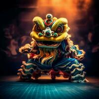 dragon ou Lion Danse spectacle barongsai dans fête chinois lunaire Nouveau année festival. asiatique traditionnel concept par ai généré photo