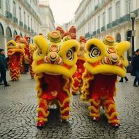 dragon ou Lion Danse spectacle barongsai dans fête chinois lunaire Nouveau année festival. asiatique traditionnel concept par ai généré photo