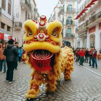 dragon ou Lion Danse spectacle barongsai dans fête chinois lunaire Nouveau année festival. asiatique traditionnel concept par ai généré photo