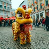 dragon ou Lion Danse spectacle barongsai dans fête chinois lunaire Nouveau année festival. asiatique traditionnel concept par ai généré photo