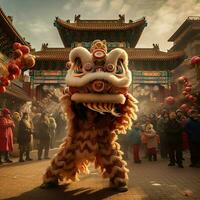 dragon ou Lion Danse spectacle barongsai dans fête chinois lunaire Nouveau année festival. asiatique traditionnel concept par ai généré photo