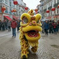 dragon ou Lion Danse spectacle barongsai dans fête chinois lunaire Nouveau année festival. asiatique traditionnel concept par ai généré photo