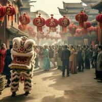 dragon ou Lion Danse spectacle barongsai dans fête chinois lunaire Nouveau année festival. asiatique traditionnel concept par ai généré photo