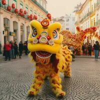 dragon ou Lion Danse spectacle barongsai dans fête chinois lunaire Nouveau année festival. asiatique traditionnel concept par ai généré photo