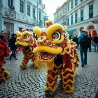 dragon ou Lion Danse spectacle barongsai dans fête chinois lunaire Nouveau année festival. asiatique traditionnel concept par ai généré photo