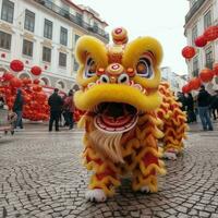 dragon ou Lion Danse spectacle barongsai dans fête chinois lunaire Nouveau année festival. asiatique traditionnel concept par ai généré photo