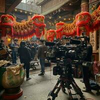 dragon ou Lion Danse spectacle barongsai dans fête chinois lunaire Nouveau année festival. asiatique traditionnel concept par ai généré photo