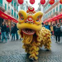 dragon ou Lion Danse spectacle barongsai dans fête chinois lunaire Nouveau année festival. asiatique traditionnel concept par ai généré photo