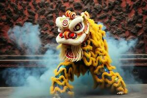 dragon ou Lion Danse spectacle barongsai dans fête chinois lunaire Nouveau année festival. asiatique traditionnel concept par ai généré photo