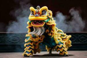 dragon ou Lion Danse spectacle barongsai dans fête chinois lunaire Nouveau année festival. asiatique traditionnel concept par ai généré photo