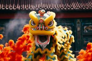 dragon ou Lion Danse spectacle barongsai dans fête chinois lunaire Nouveau année festival. asiatique traditionnel concept par ai généré photo