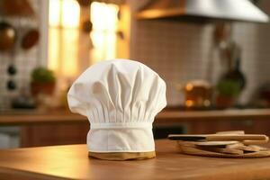 blanc cuisinier chapeau dans le cuisine table et copie espace pour votre décoration. La publicité la photographie concept par ai généré photo