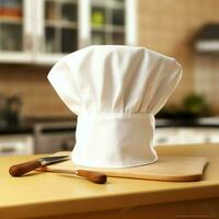 blanc cuisinier chapeau dans le cuisine table et copie espace pour votre décoration. La publicité la photographie concept par ai généré photo