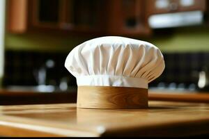 blanc cuisinier chapeau dans le cuisine table et copie espace pour votre décoration. La publicité la photographie concept par ai généré photo