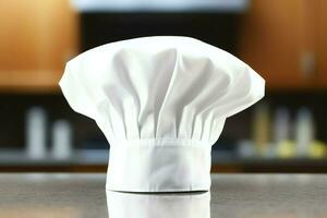 blanc cuisinier chapeau dans le cuisine table et copie espace pour votre décoration. La publicité la photographie concept par ai généré photo