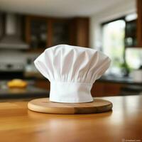 blanc cuisinier chapeau dans le cuisine table et copie espace pour votre décoration. La publicité la photographie concept par ai généré photo