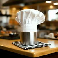 blanc cuisinier chapeau dans le cuisine table et copie espace pour votre décoration. La publicité la photographie concept par ai généré photo