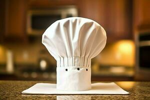 blanc cuisinier chapeau dans le cuisine table et copie espace pour votre décoration. La publicité la photographie concept par ai généré photo