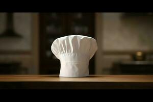 blanc cuisinier chapeau dans le cuisine table et copie espace pour votre décoration. La publicité la photographie concept par ai généré photo