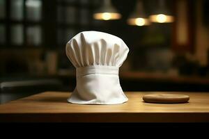 blanc cuisinier chapeau dans le cuisine table et copie espace pour votre décoration. La publicité la photographie concept par ai généré photo