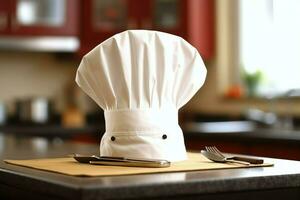 blanc cuisinier chapeau dans le cuisine table et copie espace pour votre décoration. La publicité la photographie concept par ai généré photo