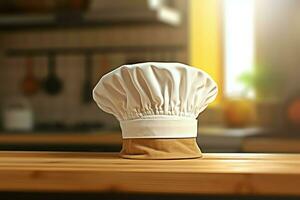 blanc cuisinier chapeau dans le cuisine table et copie espace pour votre décoration. La publicité la photographie concept par ai généré photo