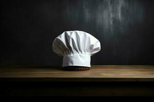 blanc cuisinier chapeau dans le cuisine table et copie espace pour votre décoration. La publicité la photographie concept par ai généré photo