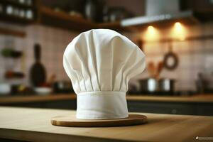 blanc cuisinier chapeau dans le cuisine table et copie espace pour votre décoration. La publicité la photographie concept par ai généré photo