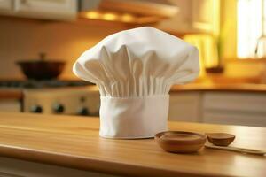 blanc cuisinier chapeau dans le cuisine table et copie espace pour votre décoration. La publicité la photographie concept par ai généré photo