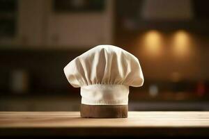 blanc cuisinier chapeau dans le cuisine table et copie espace pour votre décoration. La publicité la photographie concept par ai généré photo