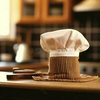 blanc cuisinier chapeau dans le cuisine table et copie espace pour votre décoration. La publicité la photographie concept par ai généré photo