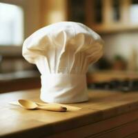 blanc cuisinier chapeau dans le cuisine table et copie espace pour votre décoration. La publicité la photographie concept par ai généré photo