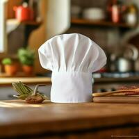 blanc cuisinier chapeau dans le cuisine table et copie espace pour votre décoration. La publicité la photographie concept par ai généré photo