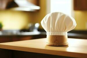 blanc cuisinier chapeau dans le cuisine table et copie espace pour votre décoration. La publicité la photographie concept par ai généré photo
