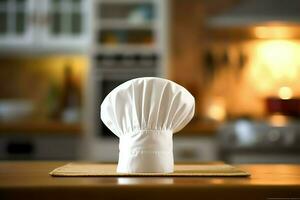 blanc cuisinier chapeau dans le cuisine table et copie espace pour votre décoration. La publicité la photographie concept par ai généré photo