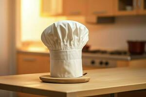 blanc cuisinier chapeau dans le cuisine table et copie espace pour votre décoration. La publicité la photographie concept par ai généré photo