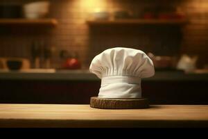 blanc cuisinier chapeau dans le cuisine table et copie espace pour votre décoration. La publicité la photographie concept par ai généré photo