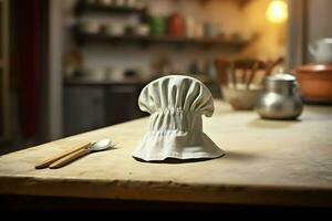 blanc cuisinier chapeau dans le cuisine table et copie espace pour votre décoration. La publicité la photographie concept par ai généré photo