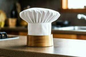 blanc cuisinier chapeau dans le cuisine table et copie espace pour votre décoration. La publicité la photographie concept par ai généré photo