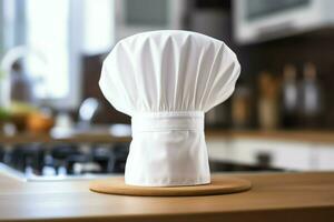 blanc cuisinier chapeau dans le cuisine table et copie espace pour votre décoration. La publicité la photographie concept par ai généré photo