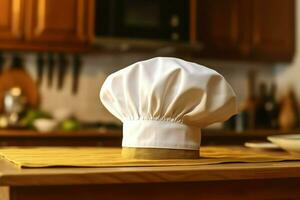 blanc cuisinier chapeau dans le cuisine table et copie espace pour votre décoration. La publicité la photographie concept par ai généré photo