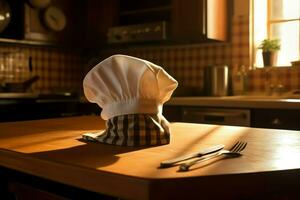 blanc cuisinier chapeau dans le cuisine table et copie espace pour votre décoration. La publicité la photographie concept par ai généré photo